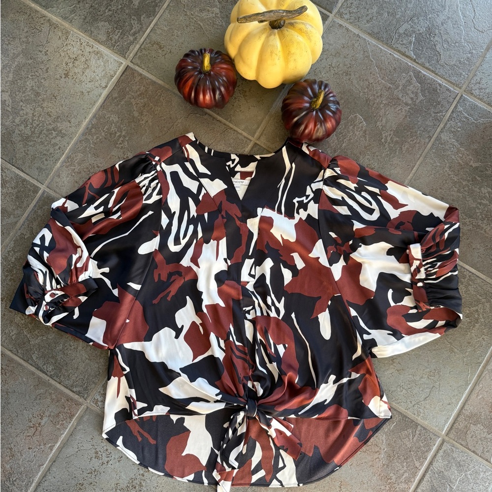 Chico's Satin Black, White, and Brown Abstract Blouse
